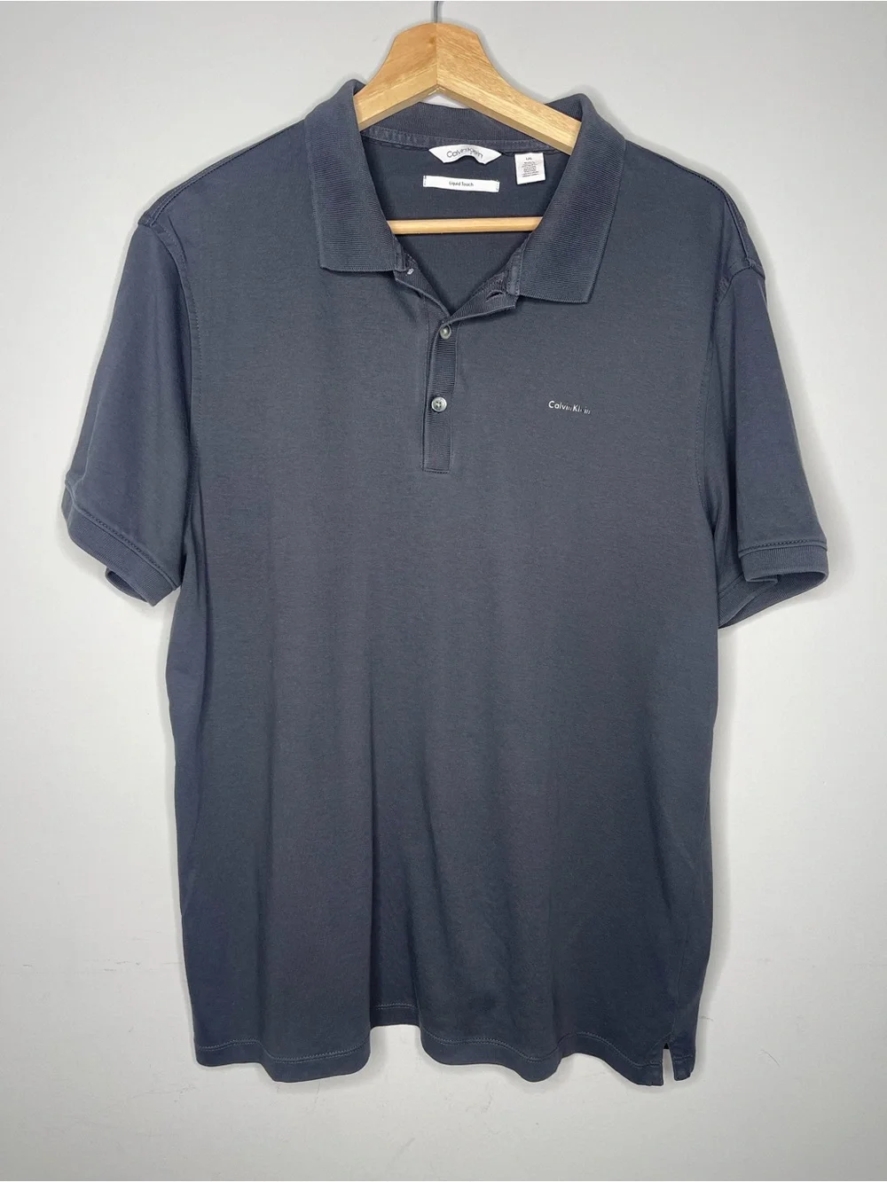 Calvin Klein Liquid Touch Polo Shirt Navy Blue Cotton Short Sleeve (Large)